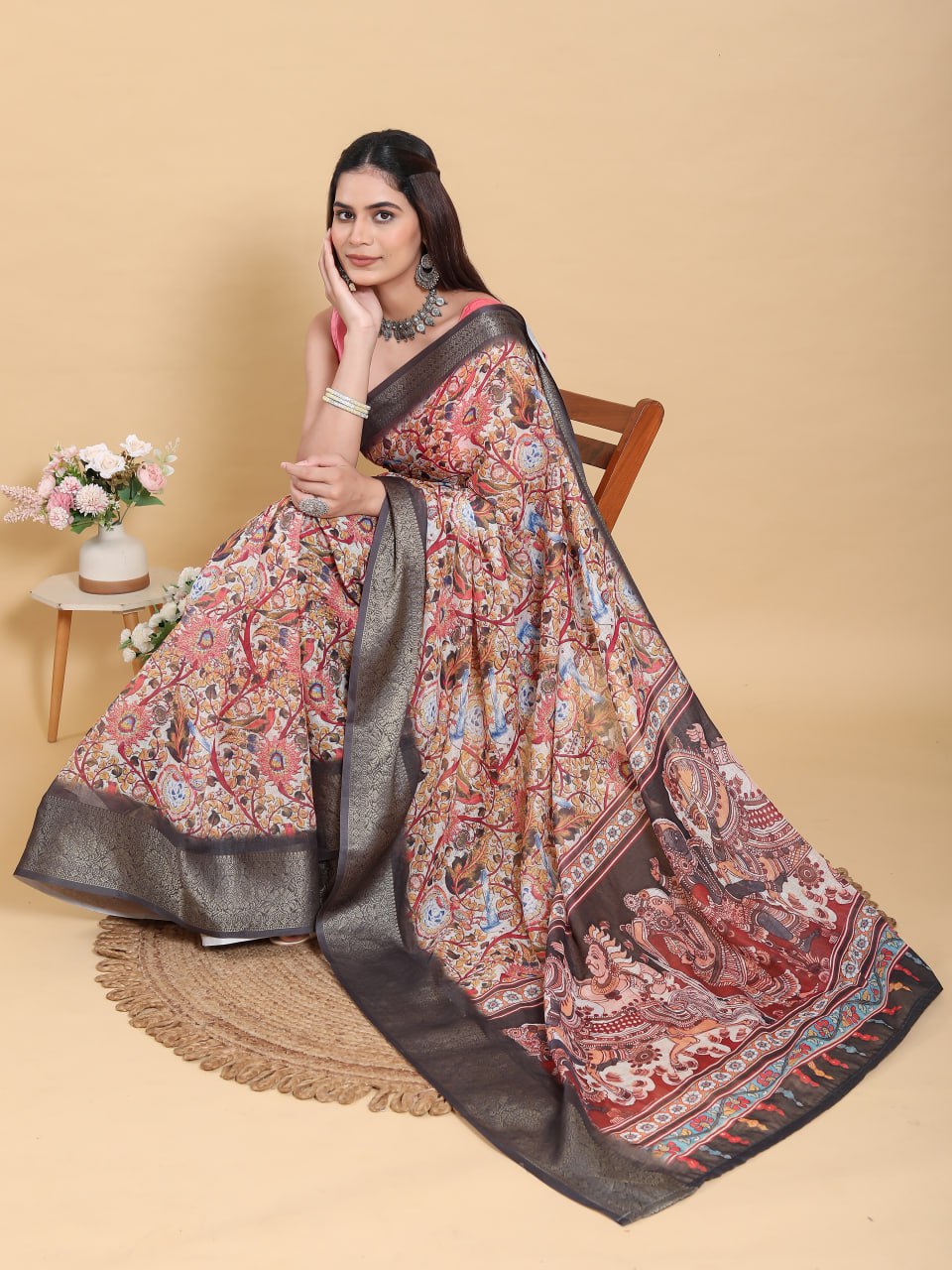 Artistic Pink Linen Cotton Saree | Multi-Print Kalamkari & Fresco Design